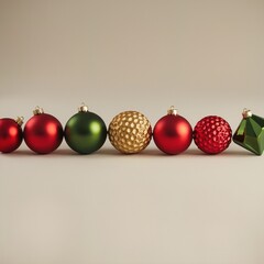 Traditional Christmas decorations featuring an assortment of red, green, and gold holiday baubles lined up horizontally against a neutral background.