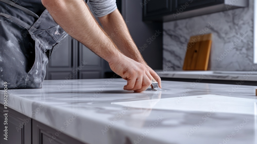 Poster a person installing or adjusting a feature on a marble countertop in a modern kitchen.