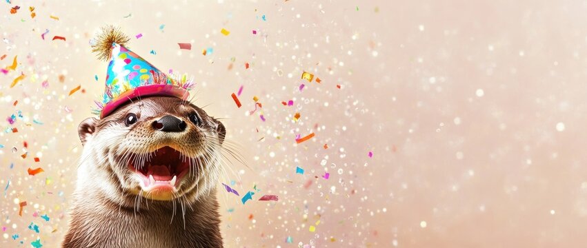 A cheerful otter wearing a party hat amidst colorful confetti, celebrating a festive occasion.