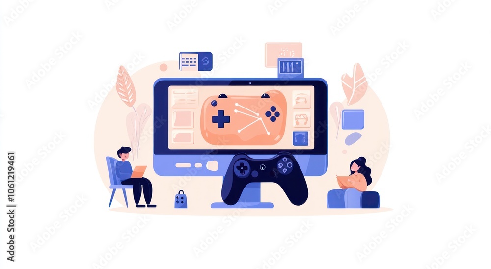 Aufkleber a digital gaming scene featuring a computer, game controller, and two characters engaging with techn
