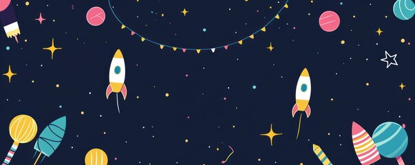 A whimsical space-themed illustration featuring rockets, planets, and stars.