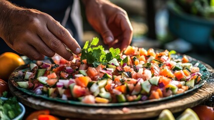 A close-up of hands preparing a fresh vegetable salad with vibrant colors and herbs.