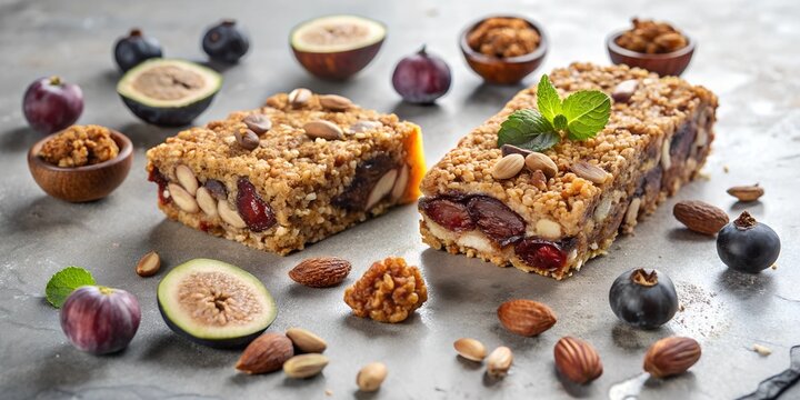 Closeup of granola bars with figs, almonds, and blueberries.
