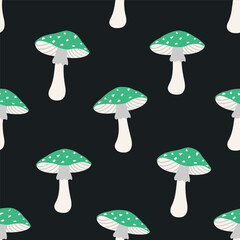 Mushroom Pattern. Seamless Print with Green Fly Agarics. Poisonous Mushrooms. Cute Fall Background. Template. Vector illustration on Black Background