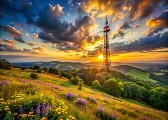 Obraz premium Majestic Cellular Tower on a Hill Against a Stunning Sunset Sky, Capturing the Blend of Nature and Technology in Landscape Photography