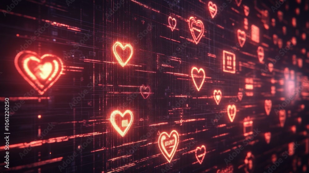 Poster digital hearts on a glowing background, symbolizing love and connection in a tech context.