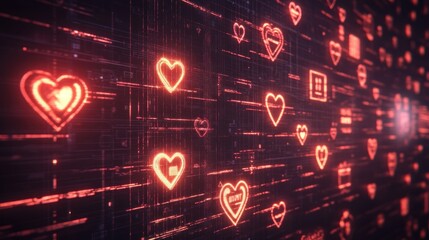 Digital hearts on a glowing background, symbolizing love and connection in a tech context.