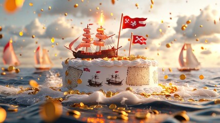 A whimsical pirate-themed cake with a ship, flags, and gold coins on a sea backdrop.