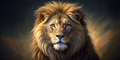 Fototapeta premium Majestic Lion Portrait in Low Light - Digital Painting of a Beautiful Animal with Natural Muted Colors, Capturing the Essence and Grandeur of the King of the Jungle