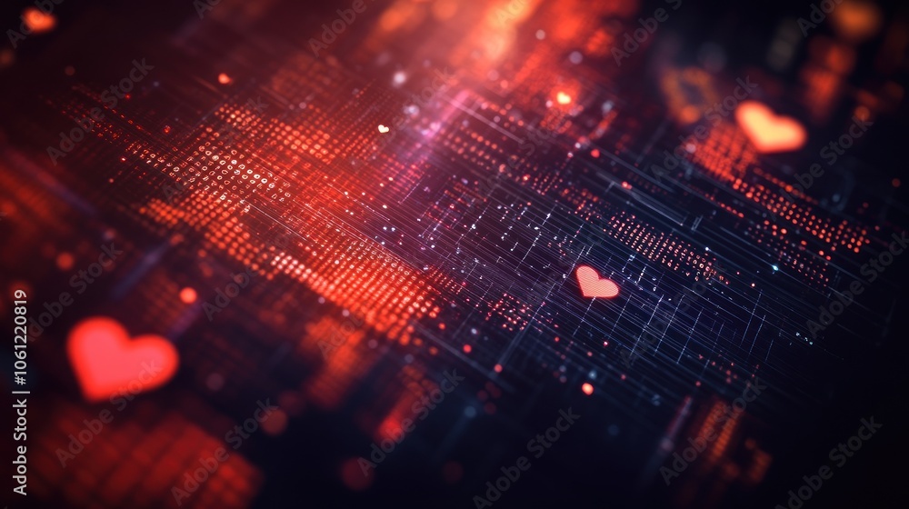 Aufkleber abstract digital background with glowing hearts and data patterns, symbolizing love and connection.