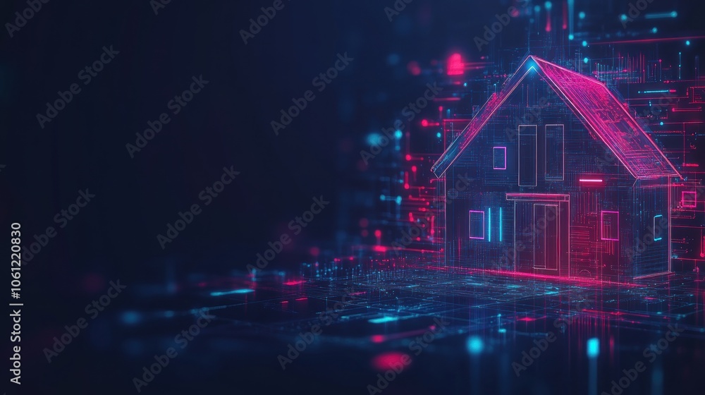 Poster a digital representation of a house with glowing lines and data elements, symbolizing smart homes.