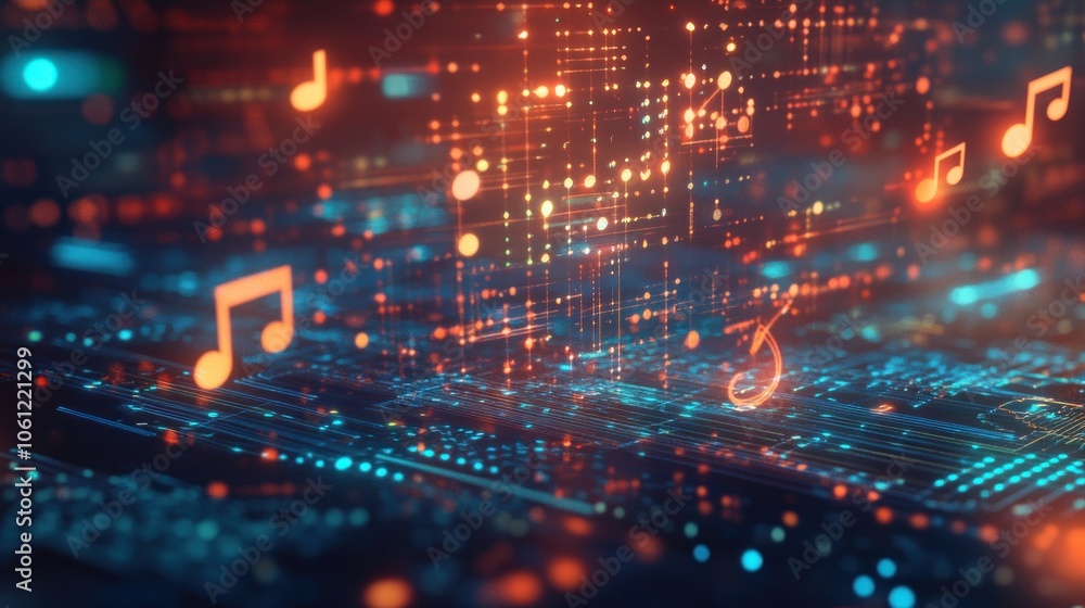 Poster abstract digital artwork featuring musical notes and data patterns in a vibrant, tech-inspired desig