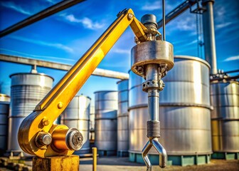 Manual Vertical Crane Handle on Pipe Emerging from Large Industrial Tank - Food Photography Inspiration in Industrial Settings