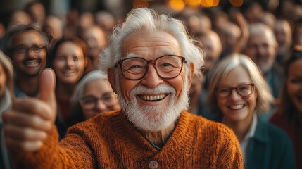 Fototapeta premium A joyful elderly man celebrating life amid a happy crowd of friends, show gesture super, good
