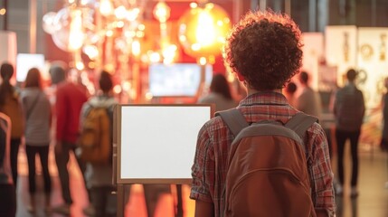 Obraz premium A person observes an exhibit in a brightly lit gallery with a blank display.
