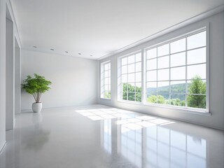 Fototapeta premium Minimalist White Room with Large Window, Natural Light, Serene Interior, Spacious Design, Calm Atmosphere, Modern Aesthetic, Empty Space, Bright Photography, Simple Decor, Tranquil Environment