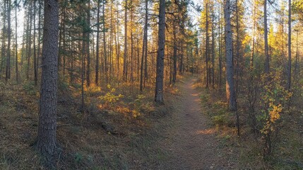 Fototapeta premium A serene forest path illuminated by golden sunlight filtering through tall trees.