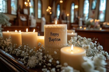 Joyous greeting: Happy Baptism banner, sacred event with heartfelt wishes, blessings, essence of spiritual renewal and faith, marking significant milestone with warmth and love.