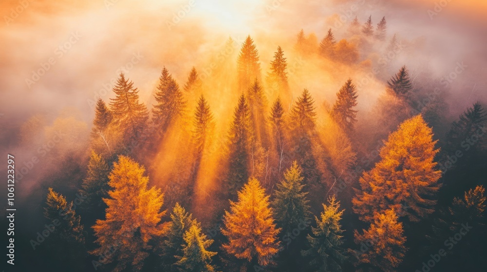 Poster a serene forest scene with golden light filtering through autumn trees and mist.