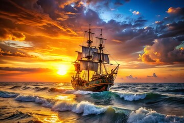 Obraz premium Modern Pirate Ship in the Ocean with Compass Icon Logo Template Vector Illustration Design for Nautical Themes