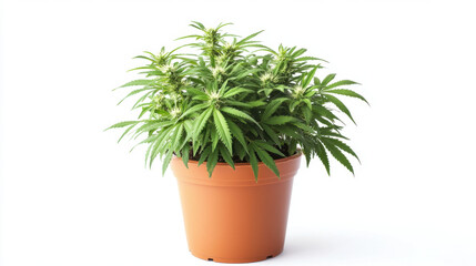 Fototapeta premium Lush marijuana plant in terracotta pot, showcasing vibrant green leaves and abundant buds, symbolizing growth and vitality