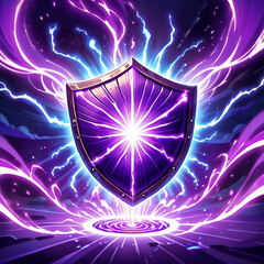 A glowing purple shield with a bright white center is surrounded by swirling blue and purple energy bursts. The shield is metal with rivets and appears to be hovering above a swirling purple vortex.