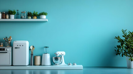 Minimalist Kitchen Interior Design with Blue Wall and White Appliances - Illustration