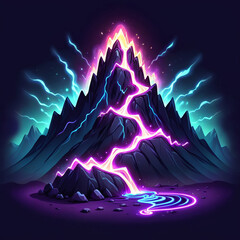A majestic mountain peak glows with a vibrant yellow and pink light, emanating a magical river of purple and blue energy that flows down its slopes and ends in a swirling pool at its base.