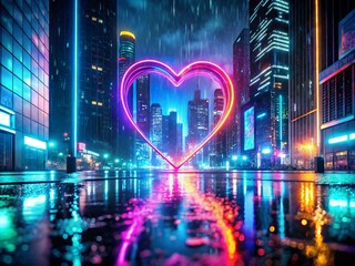 Neon Heart in Rainy City Night - 3D Illustration of Vibrant Urban Landscape with Illuminated Neon Signs and Reflections on Wet Streets