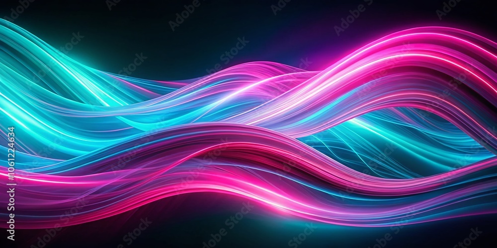 Poster neon waves pink and cyan abstract background - long exposure light trails creating a vibrant and dyn
