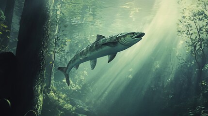 Fototapeta premium A striking image of a barracuda swimming gracefully through a misty forest, with ethereal fog enveloping the surroundings. This surreal scene captures the beauty of underwater life intertwined 