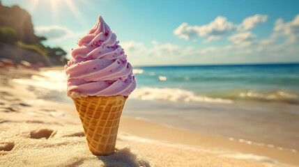 Pink Ice Cream Cone on Sandy Beach - Photo