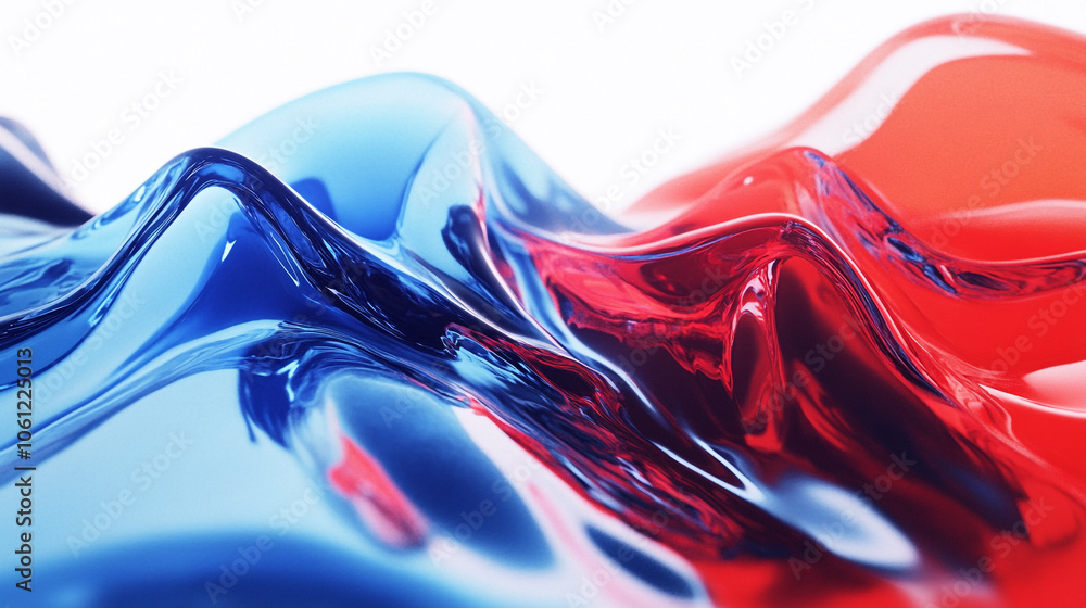 Poster bright waves of red and blue liquid create dynamic patterns on a white background