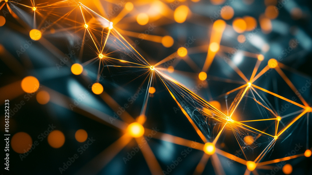 Poster glowing orange and blue nodes create a dynamic abstract digital network visualization