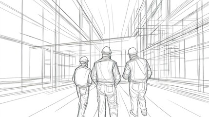 A captivating perspective view of builders lined up, showcasing their diverse activities and tools in a construction setting. This dynamic composition captures the essence of teamwork 