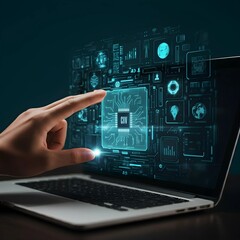 Future business technology concept with AI and blockchain elements, rendered in a clean, modern style