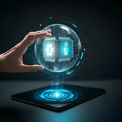 Modern, tech-driven business concept featuring artificial intelligence and blockchain technology in a clean style