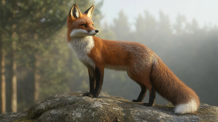Fototapeta premium realistic red fox stands gracefully on rock in serene forest setting, showcasing its vibrant fur and alert posture. tranquil atmosphere enhances beauty of this majestic animal