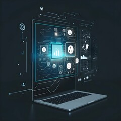 Technology-driven business future, featuring AI, blockchain, and AR in modern, minimalist style