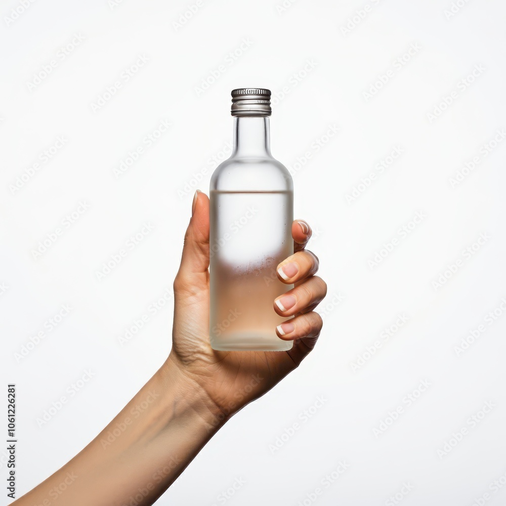 Wall mural hand of person holding glass bottle with white background