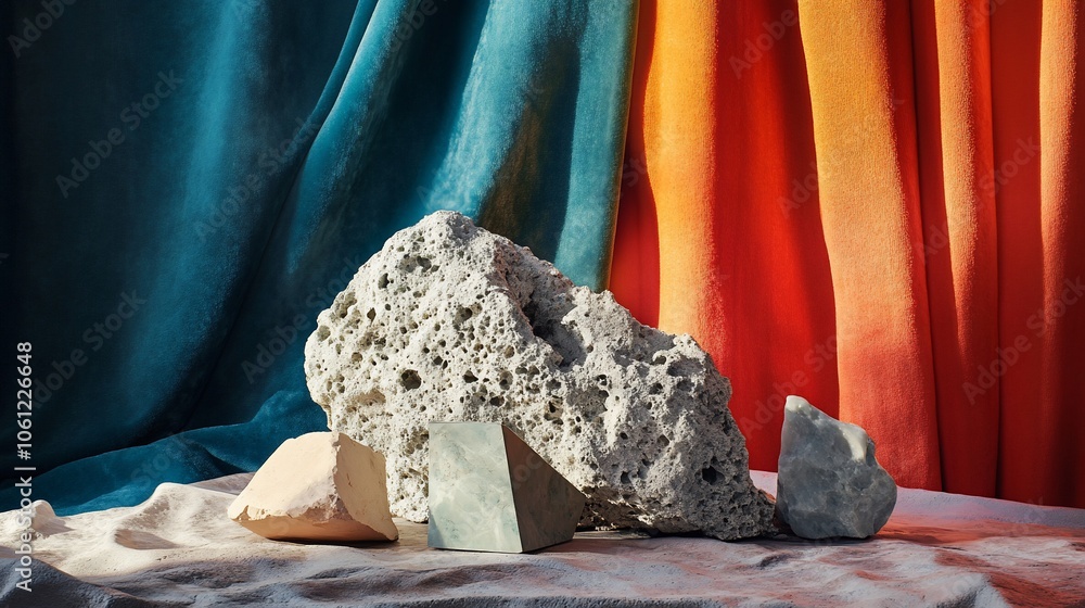 Poster a group of rocks and geometric shapes on a white fabric background with colorful curtains behind the