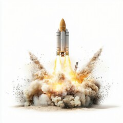 Fototapeta premium A rocket launches powerfully into the sky, surrounded by a dramatic explosion of smoke and flames, symbolizing innovation and exploration.