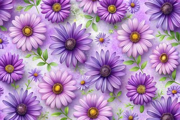 Fototapeta premium Purple Daisy Flower Watercolor Background - Cute Flower Seamless Pattern for Textiles, Wallpapers, and Stationery Designs