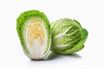 Fototapeta premium Chinese cabbage and half cut isolated on a white background. Fibrous food. Healthy eating. Greenery. Green vegetable.