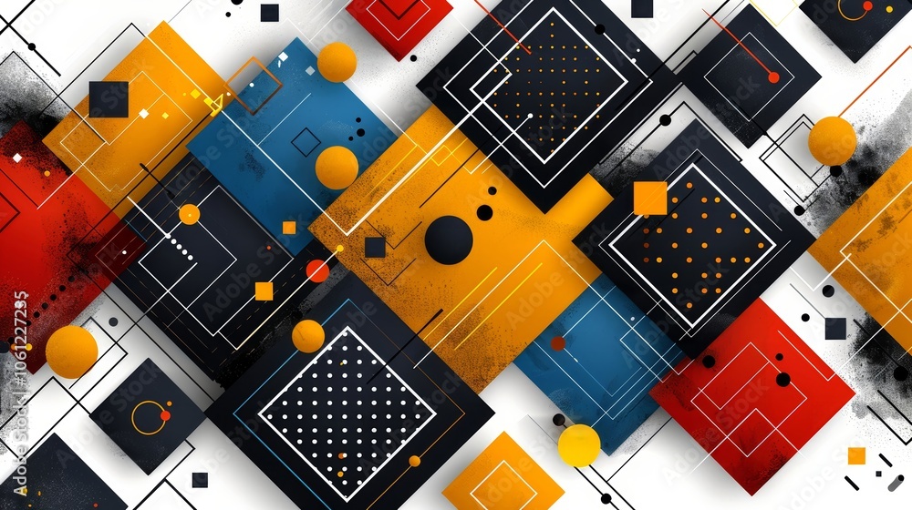 Poster vibrant geometric patterns form an intriguing display of bright circles and squares against a vivid 
