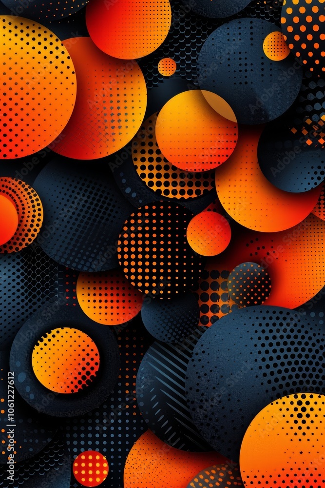 Poster a vibrant composition features an array of circles in shades of orange and black, set against a deep
