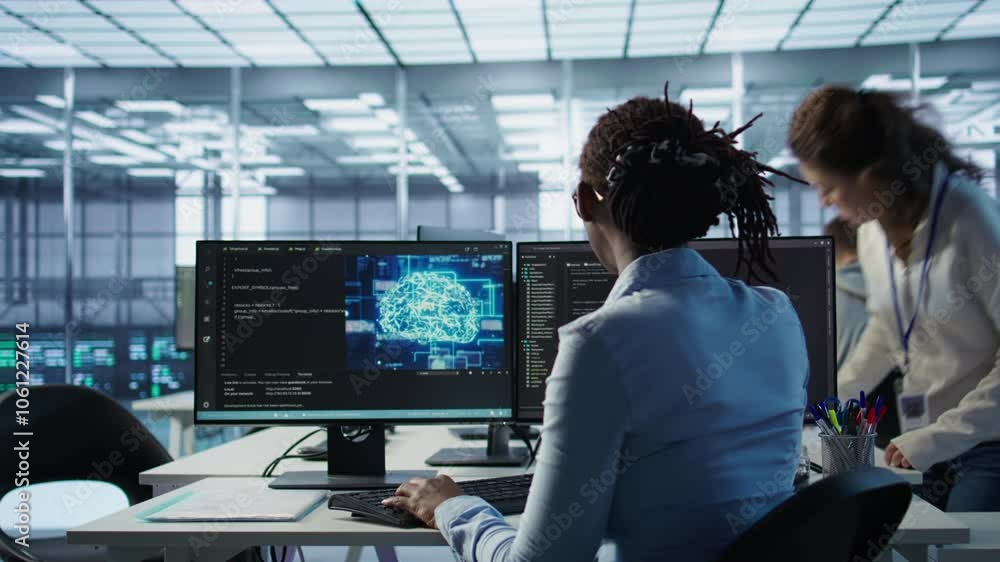 Poster engineer typing on computer in server hub, monitoring data center energy consumption using ai softwa
