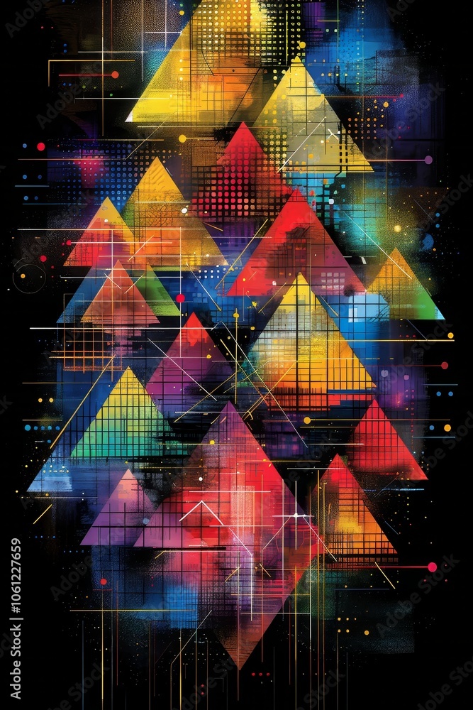 Poster brightly colored triangles in various sizes overlap against a dark background, creating a vibrant co