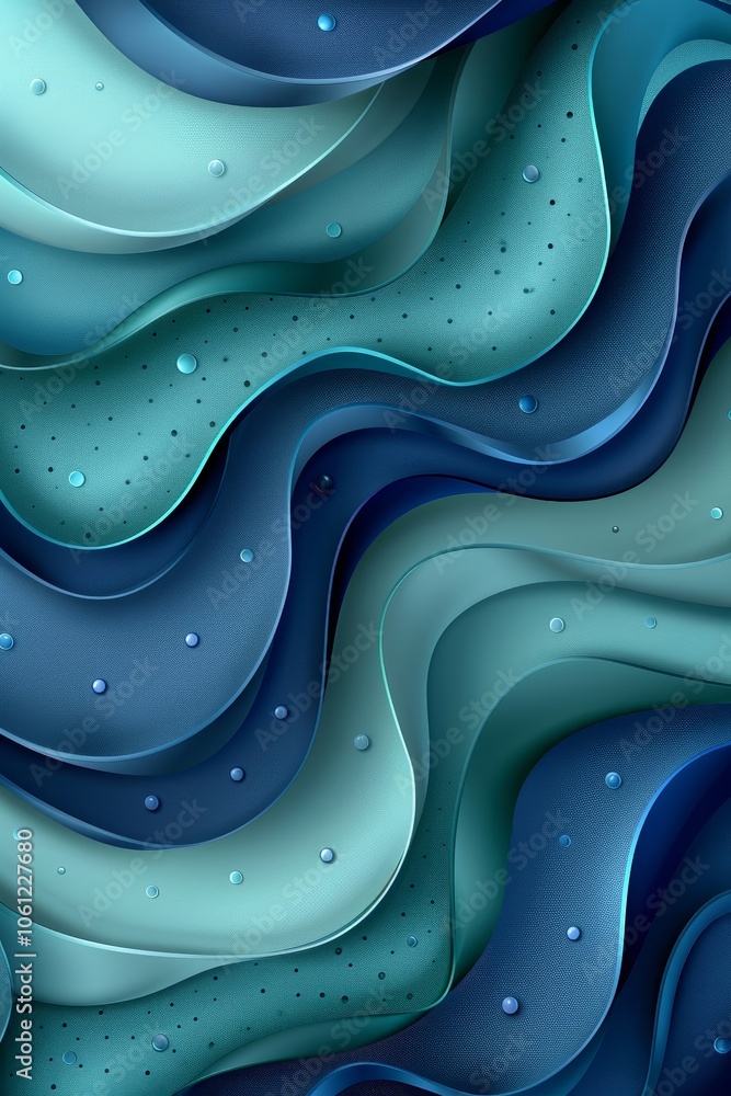 Poster layers of blue and green curves intersect and overlap, creating a dynamic, soothing texture that evo