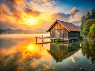 Fototapeta premium Romantic Vintage Wooden Boathouse by Serene Lake Coast at Sunset, Capturing Tranquility and Nostalgia of Nature's Beauty in a Timeless Scene